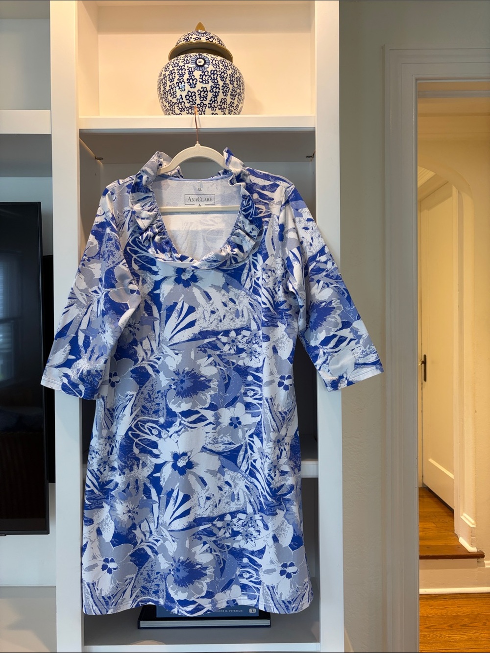 Ana Clare 3/4 sleeve ruffle neck cotton dress
